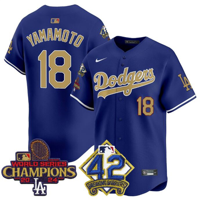 Men's Los Angeles Dodgers #18 Yoshinobu Yamamoto Royal/Gold 2024 World Series Champions & #42 Jackie Robinson Patch Vapor Limited Stitched Baseball Jersey Men's Los Angeles Dodgers #18 Yoshinobu Yamamoto Royal/Gold 2024 World Series Champions & #42 Jackie Robinson Patch Vapor Limited Stitched Baseball Jersey